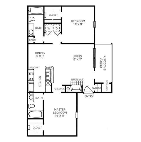 Monte Carlo floor plan two bedrooms, two bathrooms, at The Player's Club of Brentwood in Nashville, TN